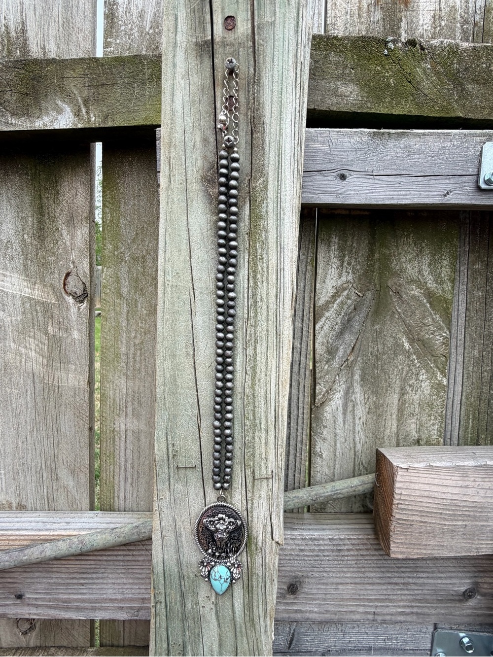 Boho Silver Beaded Necklace with Turquoise Pendant